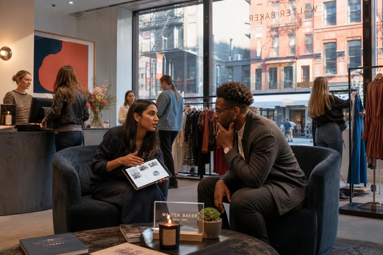 Two young professionals reviewing a brand campaign on an iPad inside a busy SoHo retail store