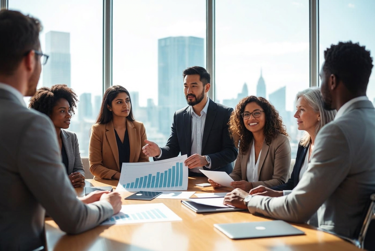 Young professionals reviewing growth results in a sunlit NYC conference room
