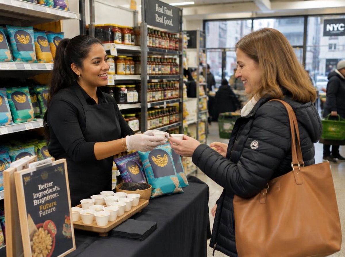 A brand ambassador offering samples of a snack product to a smiling shopper inside a busy New York grocery store