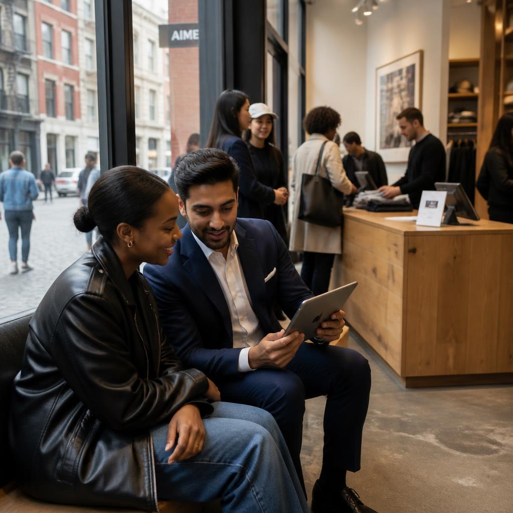 Two young professionals talking business over an iPad inside a busy SoHo store