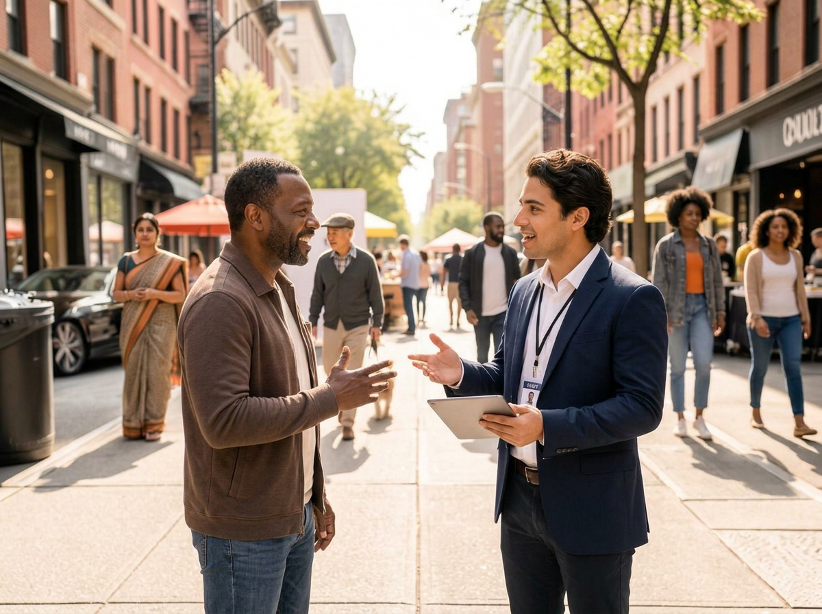 A young sales rep in a navy blazer with a badge and tablet closing a deal with a smiling customer on a New York City sidewalk