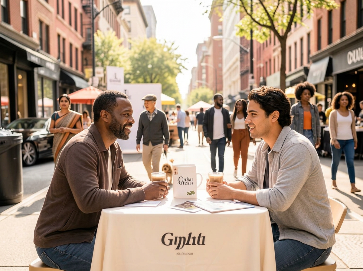 Two people talking at a branded pop-up table on a New York City sidewalk