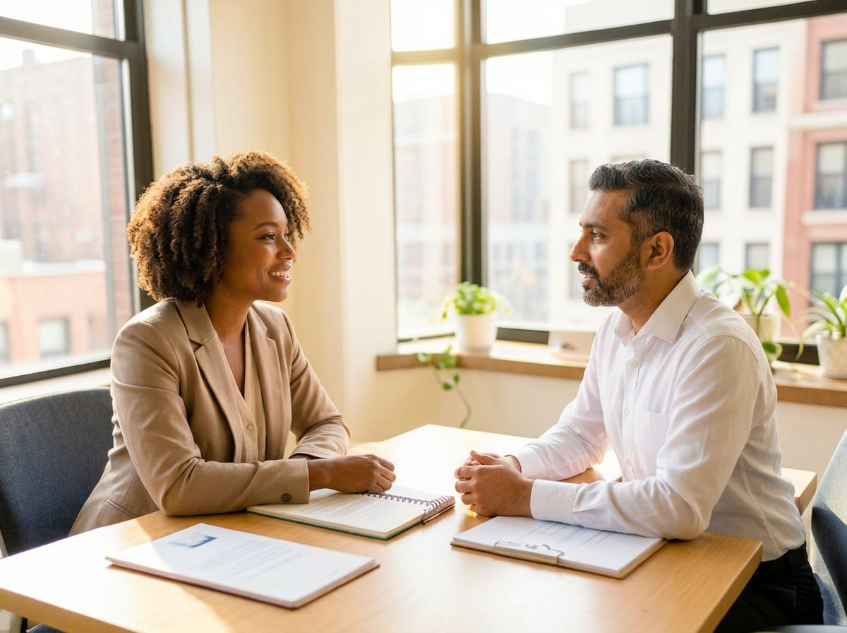 A mentor coaching a young professional one-on-one in a sunlit office
