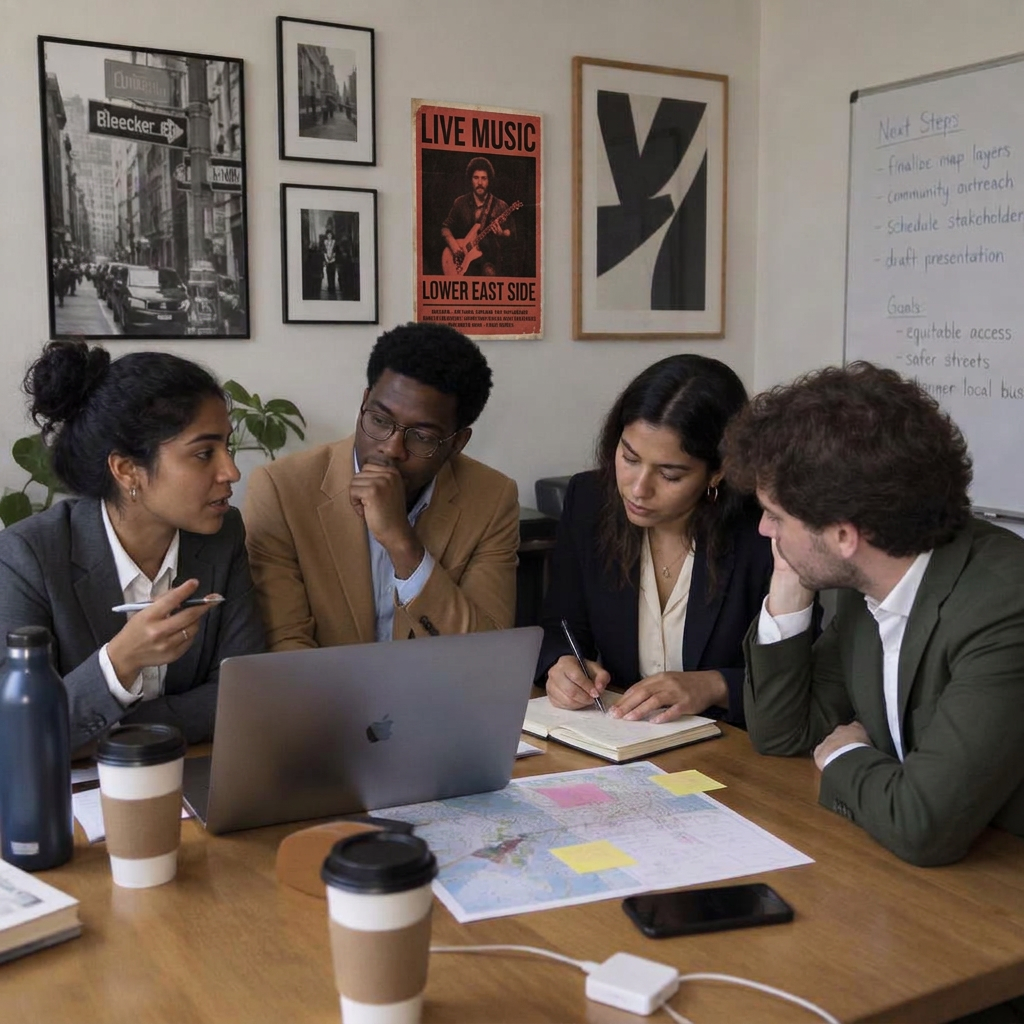 A young team planning new territory around a conference table, with framed New York street photography and a live-music poster on the wall behind them