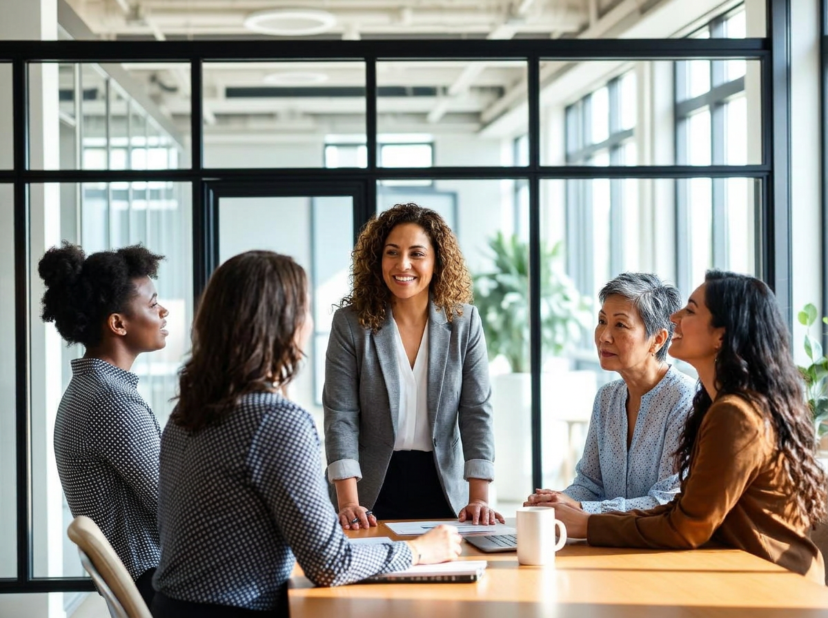 A leader coaching her team in a bright glass-walled office