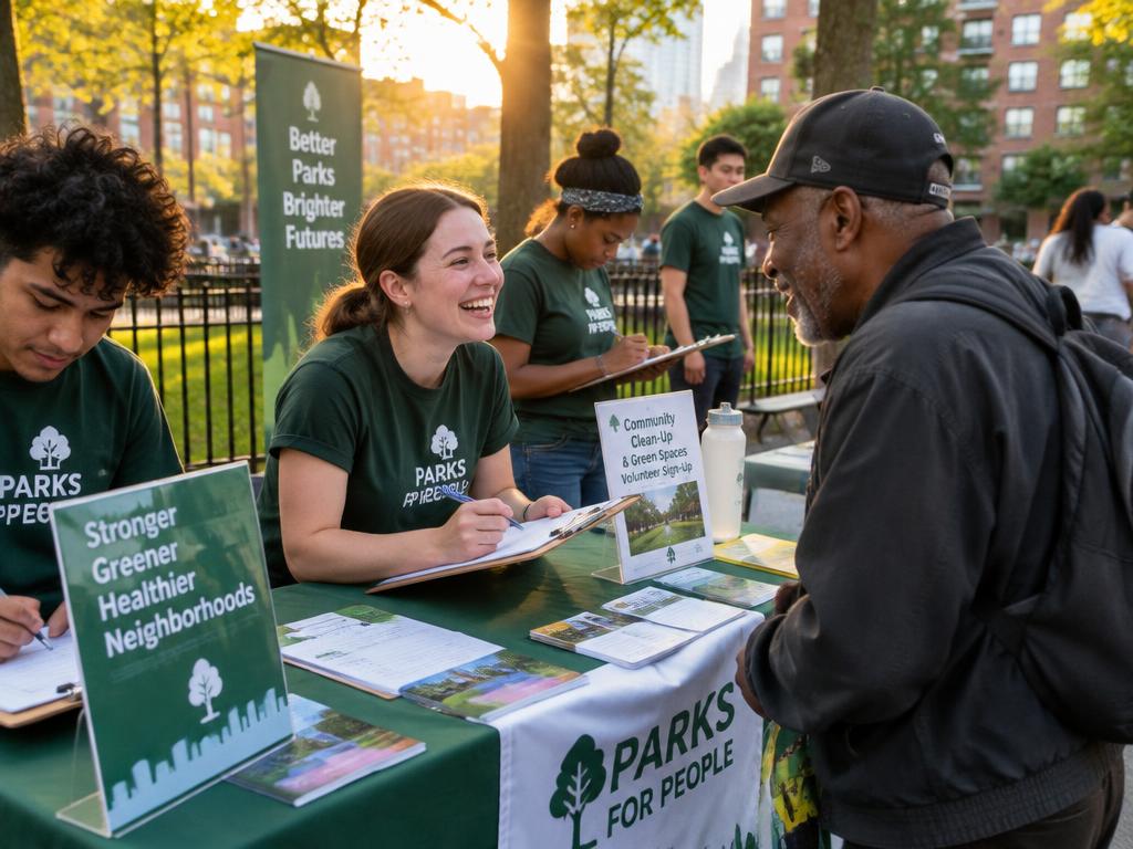 Young volunteers signing up supporters at a community outreach table in a New York park at golden hour