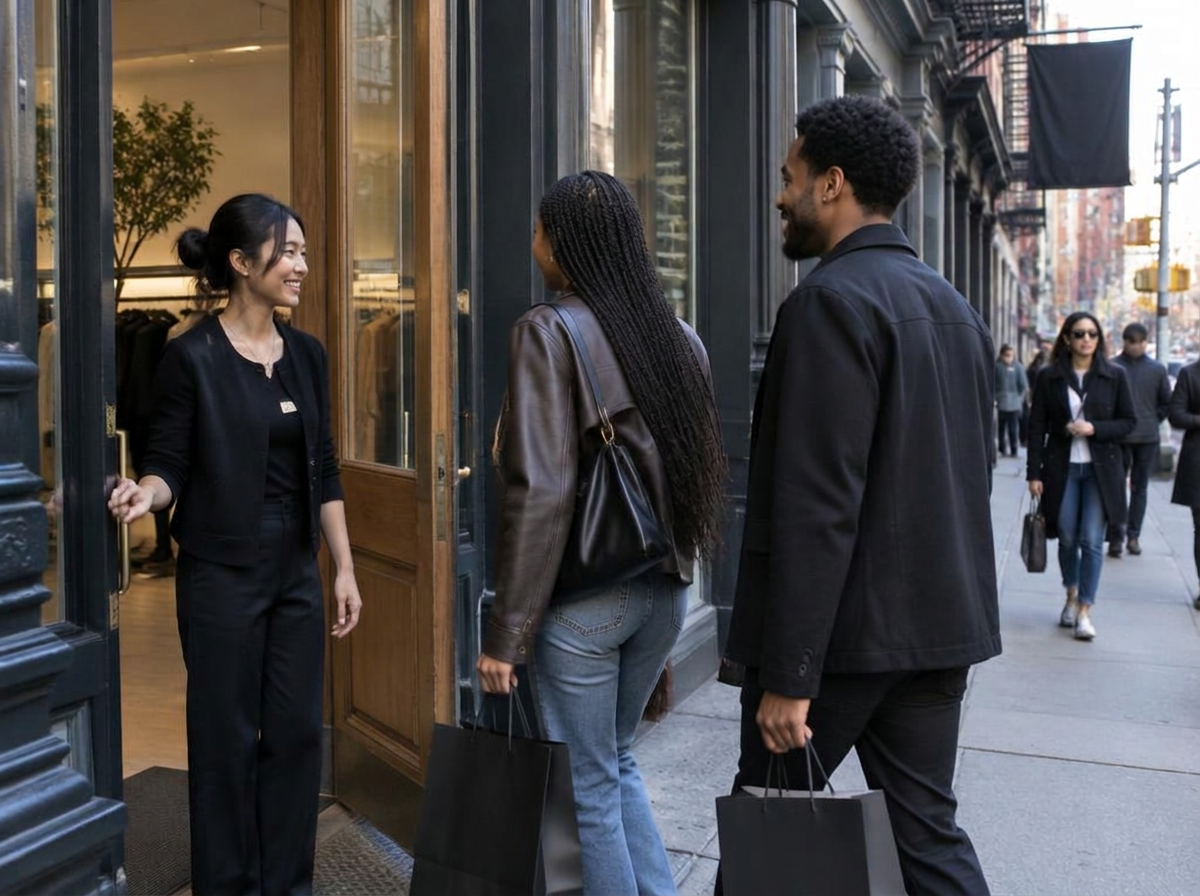 A shop associate welcoming two shoppers with bags into a SoHo storefront on a busy New York sidewalk