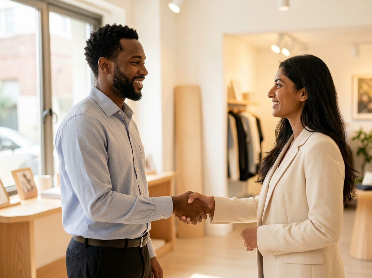 A salesperson and a happy customer shaking hands in a bright modern store