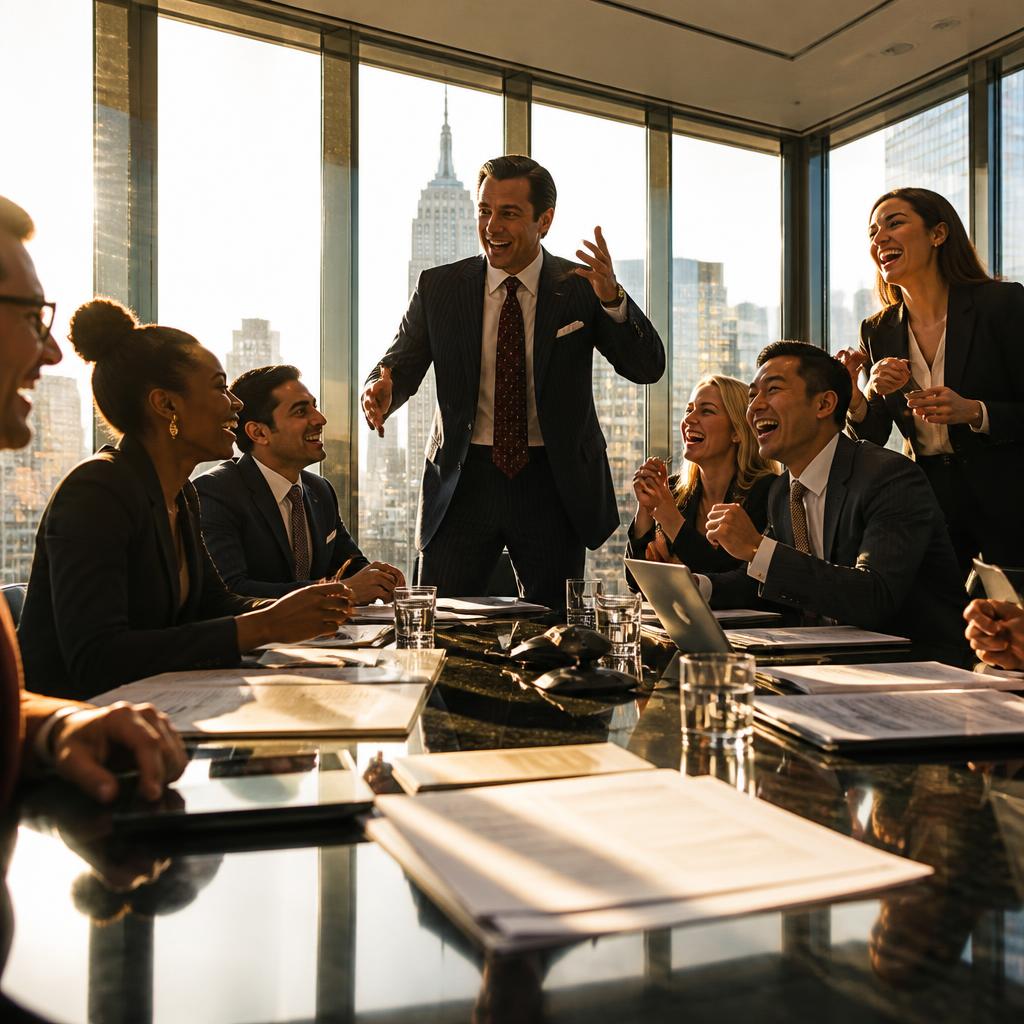 A team laughing together during a morning huddle in a New York loft office