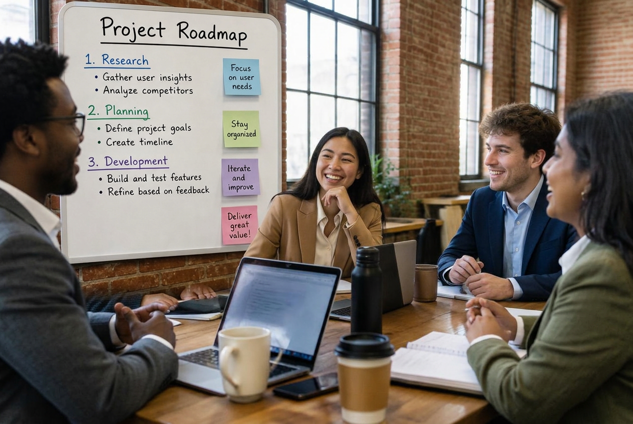 A team laughing together during a morning huddle in a New York loft office