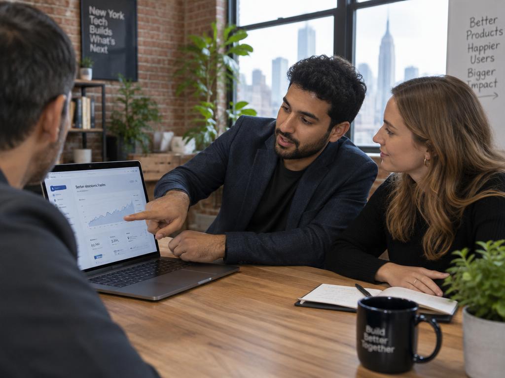 Two young professionals demoing software on a laptop to a client in a brick-walled New York tech office