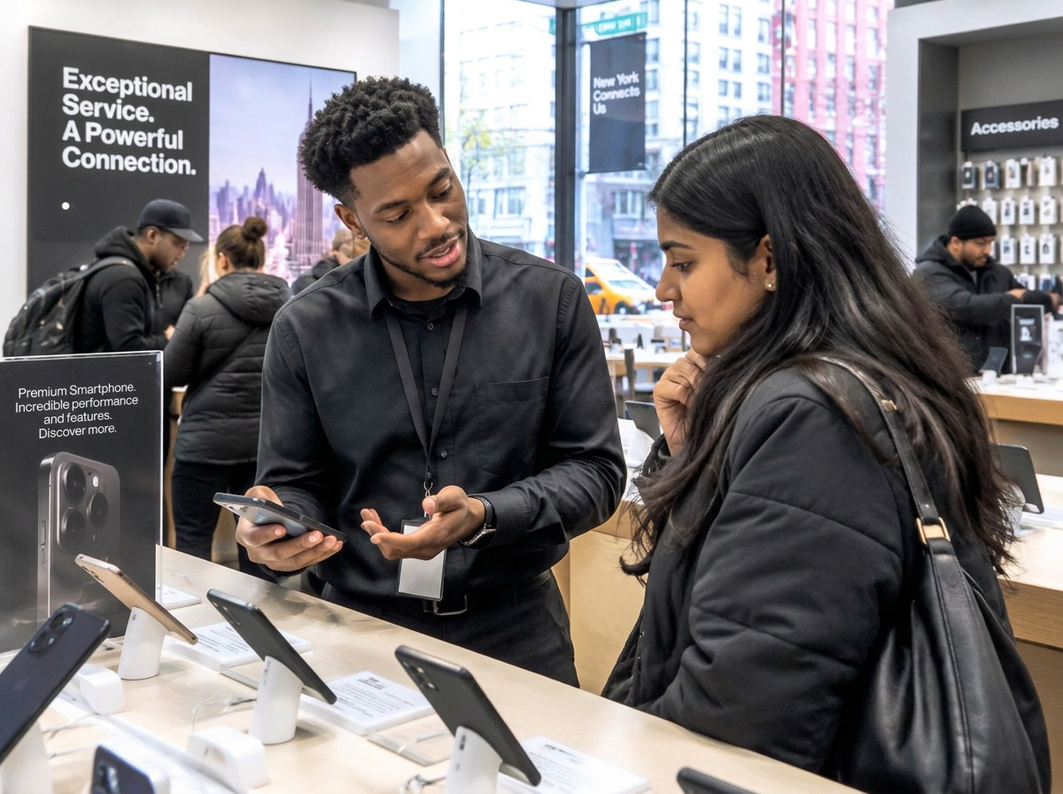 A representative in a New York mobile phone store walking a customer through her plan options at a display counter